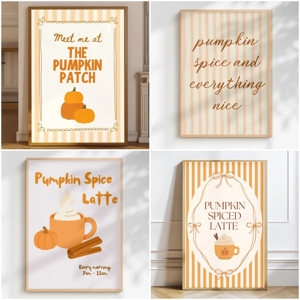 AZNM Striped Pumpkin Spice Latte Quote Canvas Wall Art Farmhouse Autumn Fall Coffee Shop Kitchen Home Decor Unframed Canvas Prin