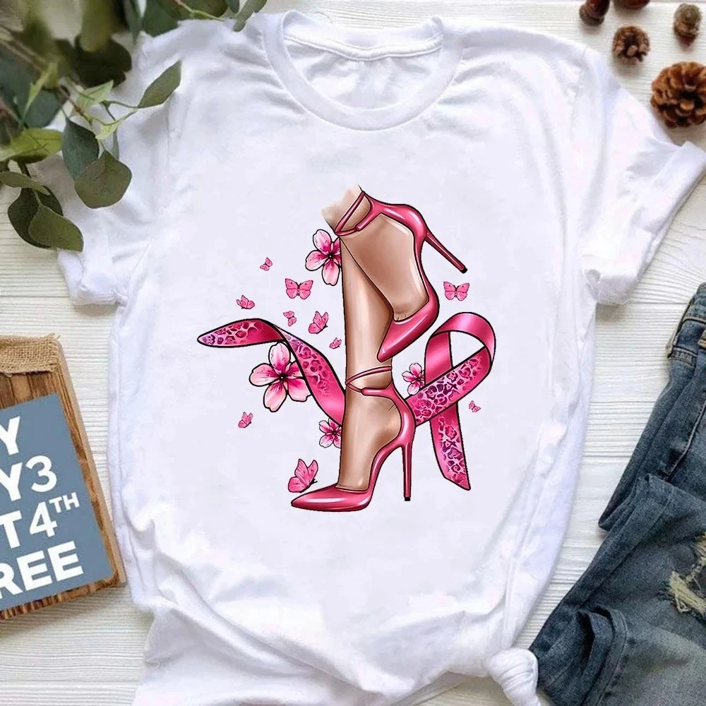 Breast Cancer Prevention Awareness Printed T-shirt Women's Pink High Heels T-shirt Women's Summer Short-sleeved T-shirt Top