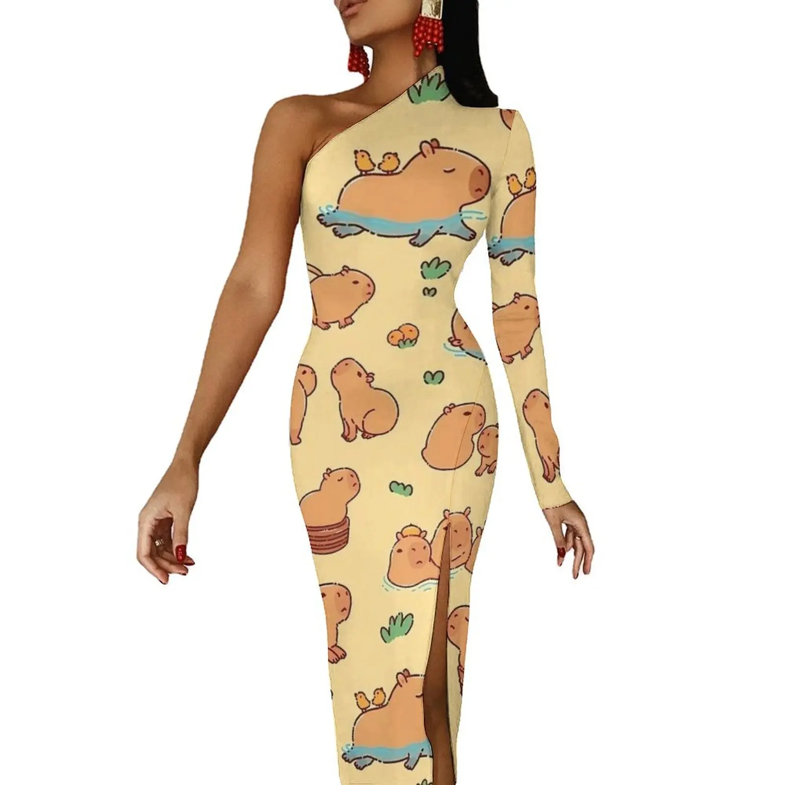 Capybara Print Bodycon Dress Womens Kawaii Animal Sexy Maxi Dress One Shoulder Party Custom Dresses Birthday Gift