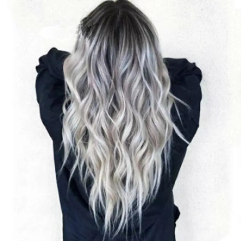 European and American Cross-border Highlights Midsplit Long Wavy COS Grey Gradient New Product Chemical Fiber Full Head Wig