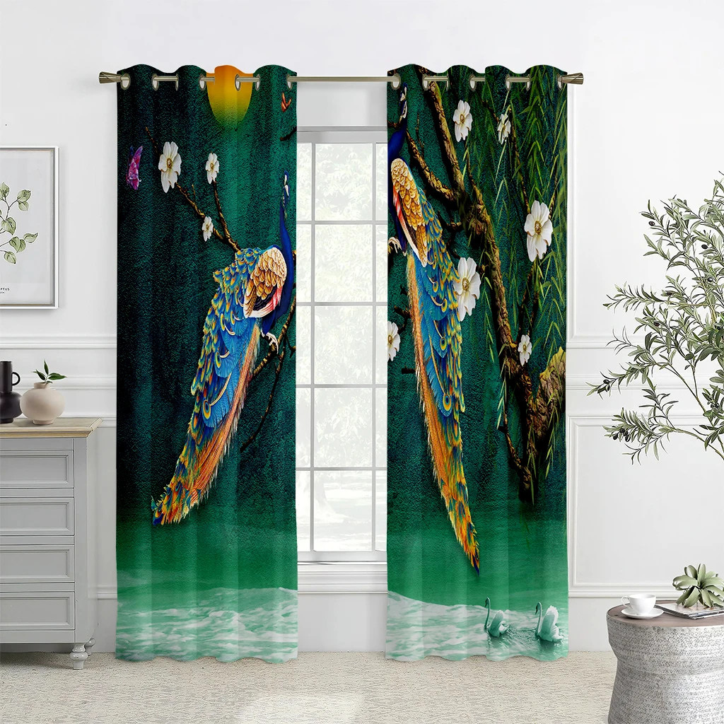 Retro Green Peacock Print Curtains, Chinese Style Decorative Custom Curtains, Suitable For Living Room, Bedroom And Kitchen 2PCS