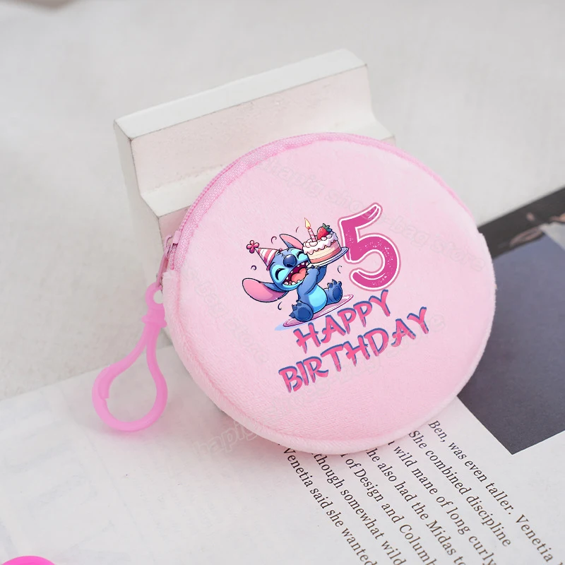 Lilo Stitch Round Coin Purse Girl Birthday Number Mini Wallet Zipper Plush Small Purses Cute Cartoon Pink Money Bags Kids Gift