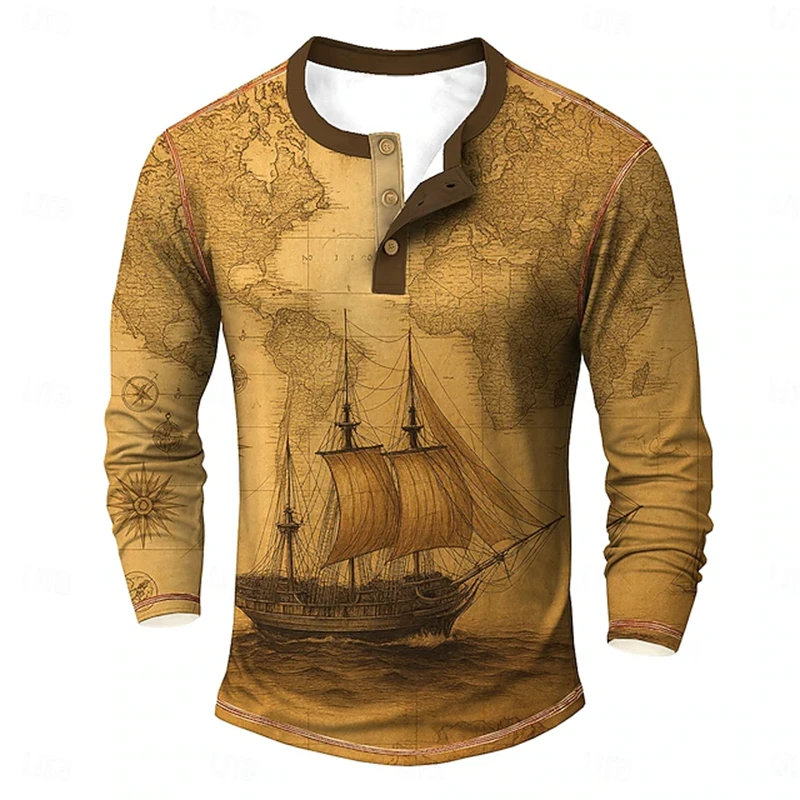 Men's Vintage Nautical-Style Henley-Neck Long-Sleeve Top With Antique World Map And Sailing Ship Print—Casual Fall T-Shirt