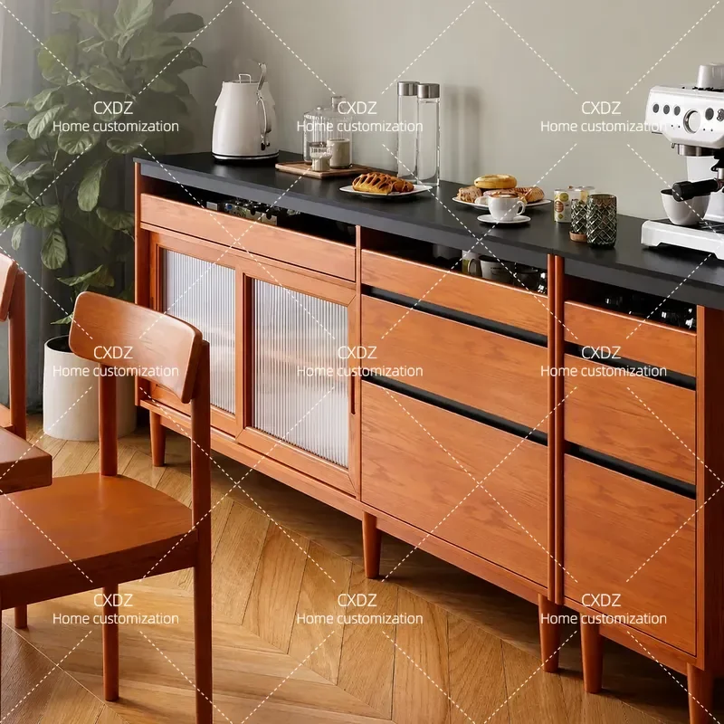 American Retro Solid Wood Side Cabinet Low Wall Mounted Storage Unit with Rock Slab Top Kitchen Partition Locker Medium