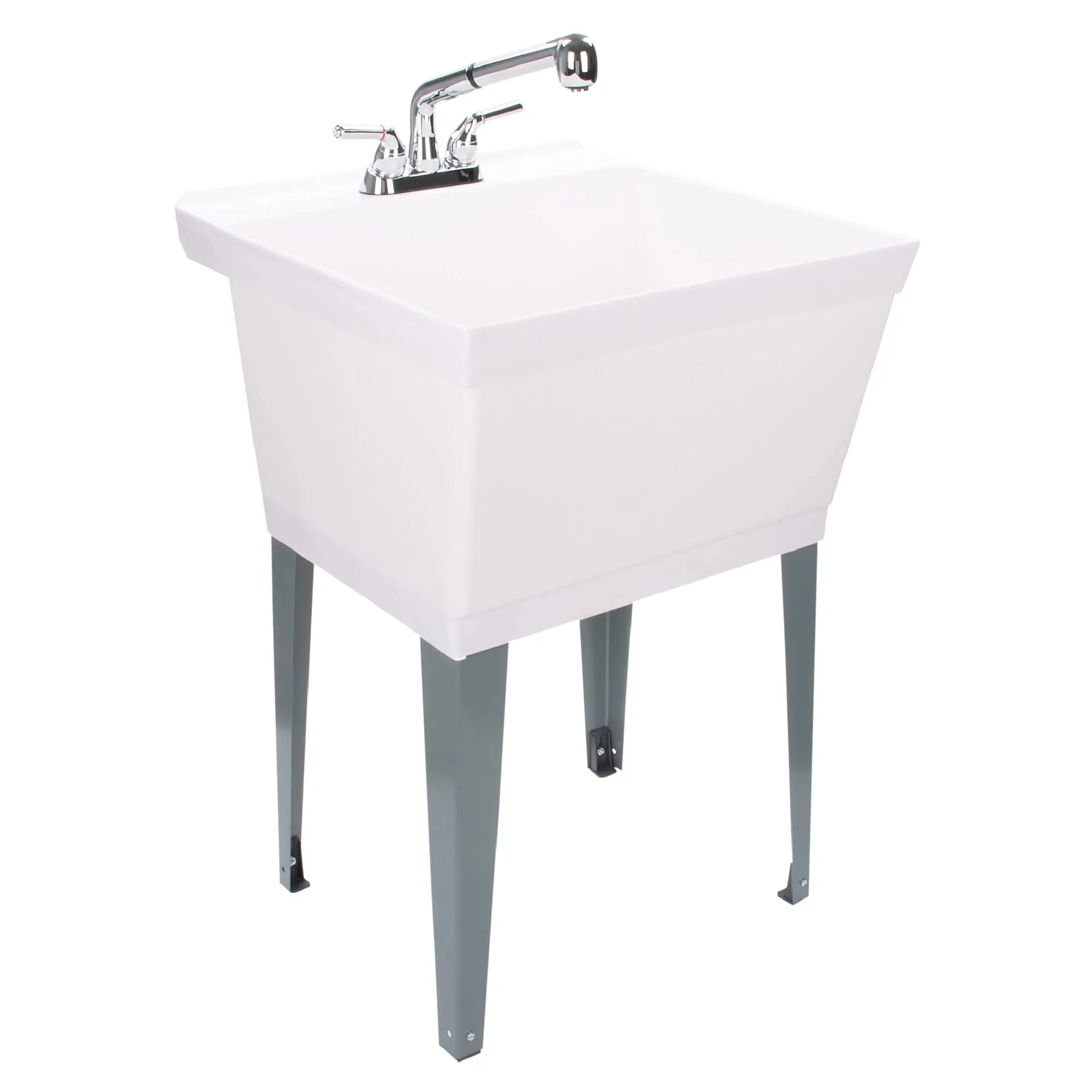 White Utility Sink Laundry Tub With Pull Out Chrome Faucet, Sprayer Spout, Heavy Duty Slop Sinks For Washing Room