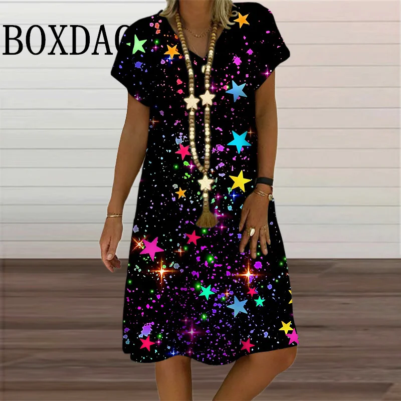 Tie Dye Dream Starry Sky Women's Dresses Summer Fashion Gradient Stars 3D Printed Short Sleeve Dress Street Casual V-Neck Dress