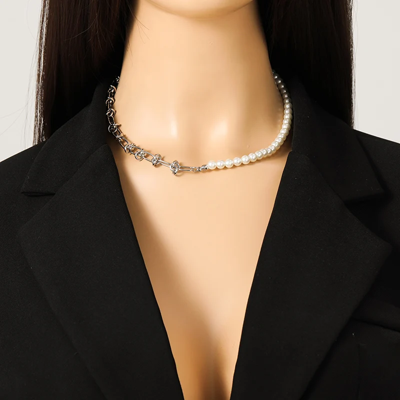 EILIECK 316L Edelstahl Asymmetrisches Perlenketten-Halsketten-Armband-Set für Damen, Modisches Silberfarbenes Wasserdichtes Schmuckgeschenk – Detail 8