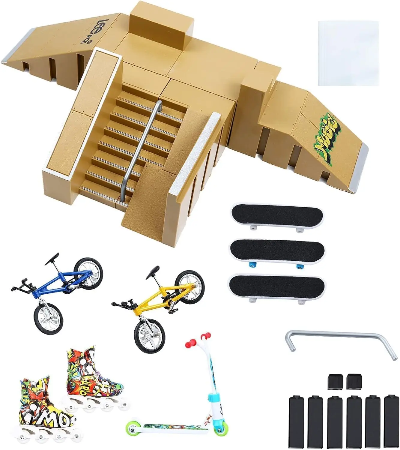 

Skate Park Kit for Finger Skateboard with Ramps, 3 Decks, 2 Bikes, Scooter & Skates