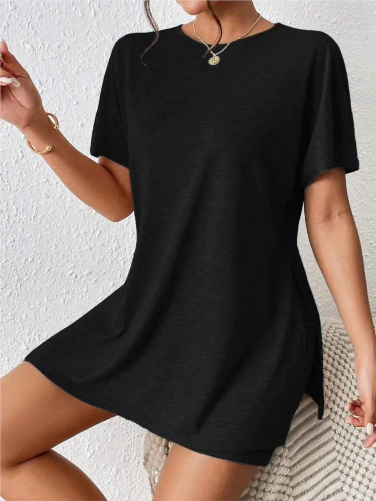 

Casual Solid Color Comfortable Shorts Set Summer Women's Bat Sleeve Round Neck Split T-shirt Tight Shorts Two-piece Sets