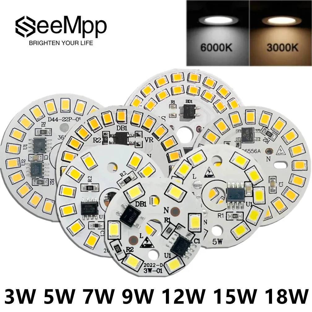 SeeMpp LED Chip do żarówki 3W 5W 7W 9W 12W 15W 18W LED Okrągłe żarówki Chipsy Koraliki świetlne AC 220V-240V Oświetlenie Reflektor Żarówka Chip