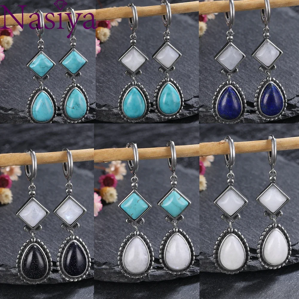 Natural Moon Stone S925 Silver Drop Earrings for Women Vintage Jewelry Wedding Engagement Hoop Earrings Gifts