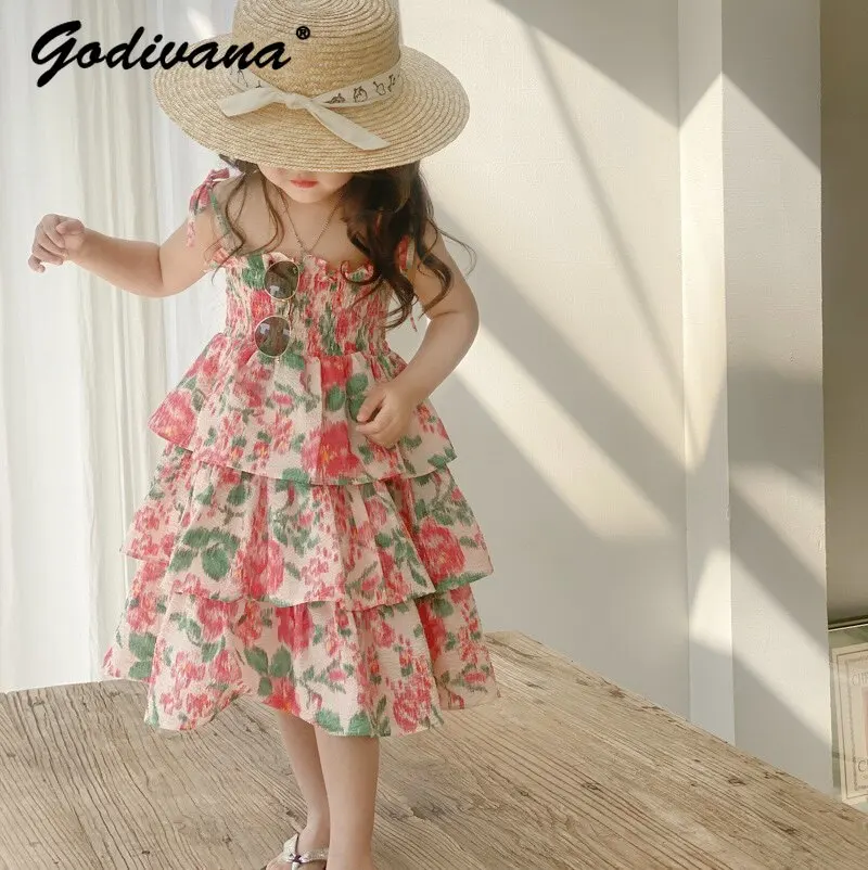 Sweet Cute Baby Girls Floral Cake Sundress 2026 Summer New Fashion Kids Loose Breathable Beach Vacation Princess Slip Dresses
