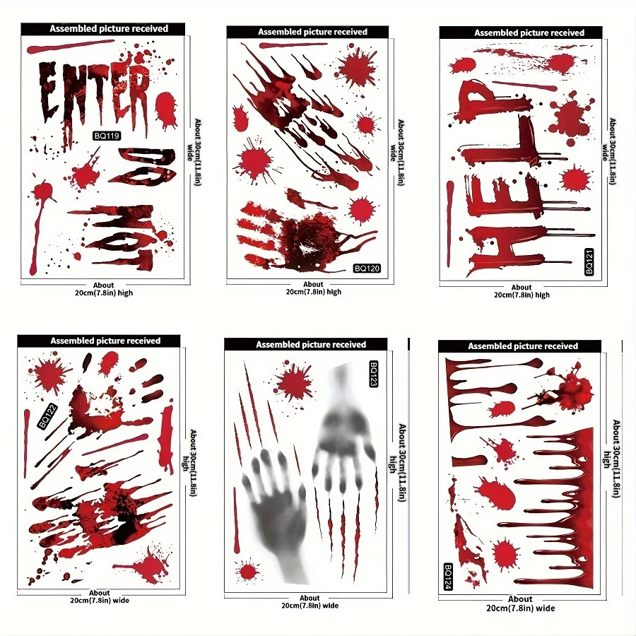 6‑Sheets Halloween Window Stickers, Spooky Bloody Handprint Footprint Zombie Blood Splatter Decals for Glass Door Haunted House Halloween Party Decor Supplies
