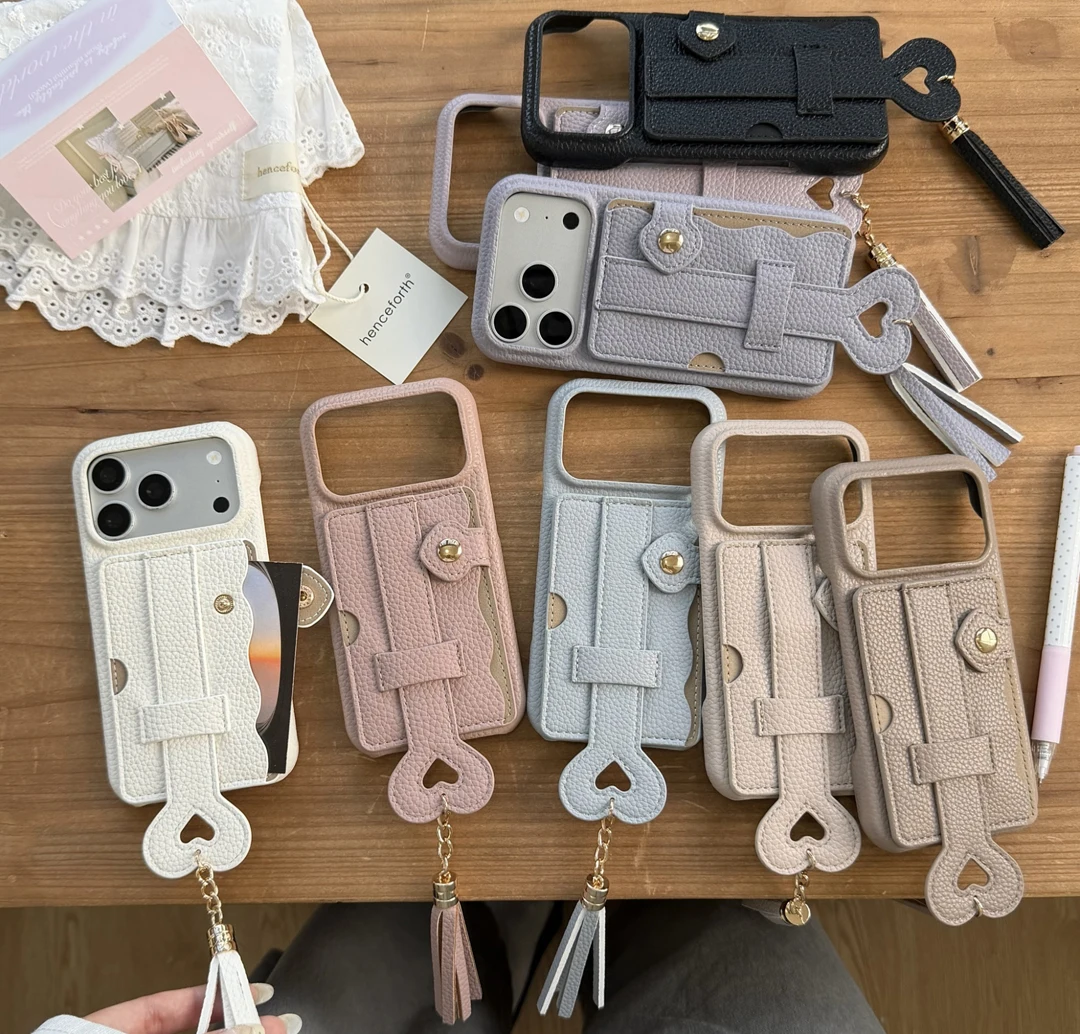 

Luxury Creative Leather Card Slot Wallet Case For IPhone 12 13 14 15 16 17 Pro Max Plus Stand Cover With Love Hand Strap Tassel