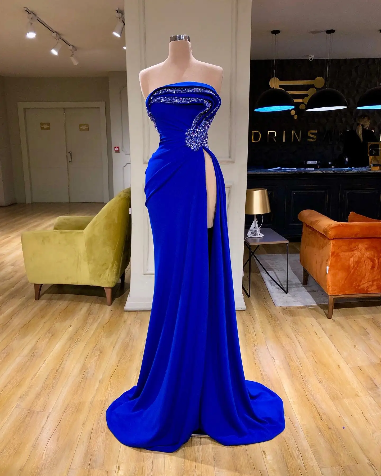 Robe De Soirée De forme sirène, bleu Royal, sans manches, fente latérale, paillettes plissées, sur mesure, nouvelle collection