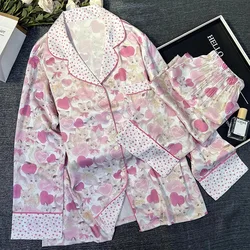 Satin Silk Pajamas Women Summer Spring Sweet Cute Little Cat Long Sleeves Long Pants Printing Homewear Girl Sleepwear Pijamas