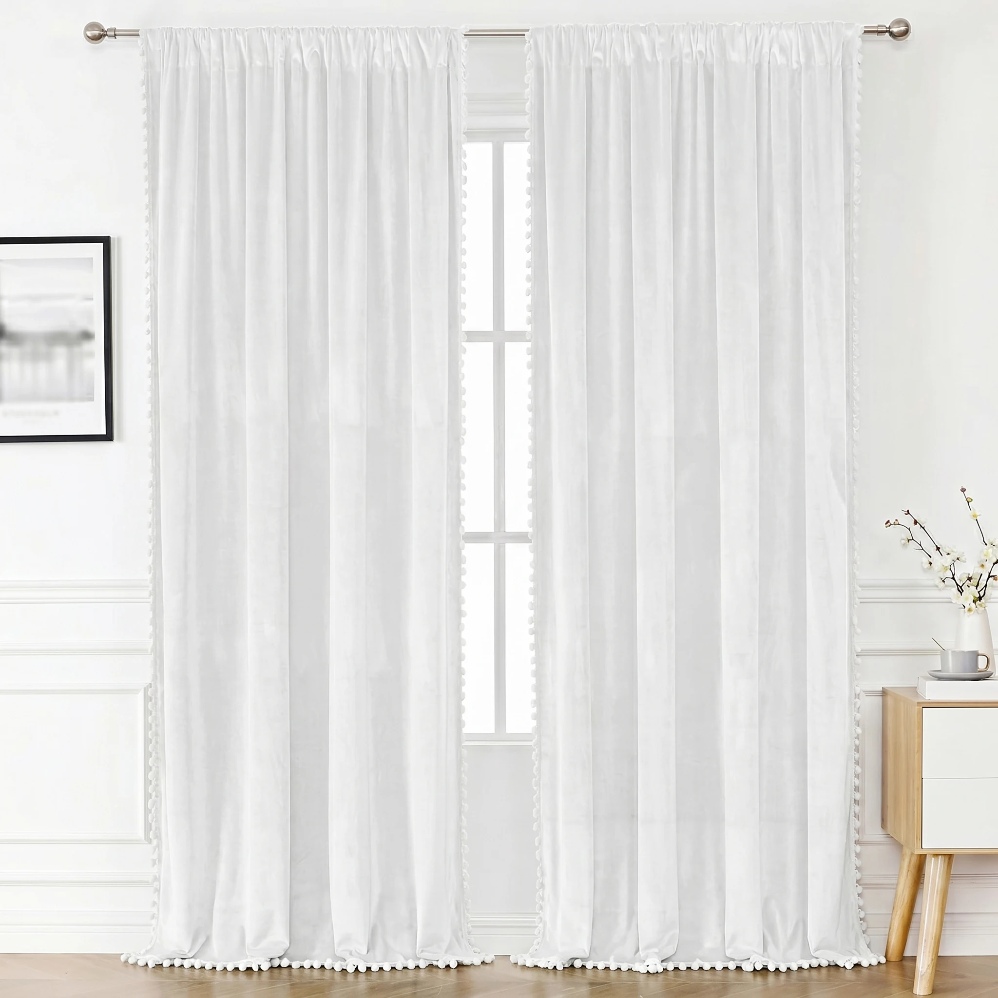 1 Piece, Available in Multiple Colors: White / Navy Blue / Orange / Emerald Green / Brown / Red. Fashionable and Luxurious Velvet Curtain with Pom-Pom Fringe, Rod-Top Design, Soft and Thick, Drapes Smoothly, Soundproof and Heat-Insulating, Protects Privacy. Made of Polyester, Washable, Suitable for All Seasons, Suitable for Kitchen, Bedroom, Living Room, Office. Does Not Include Ropes and Accessories