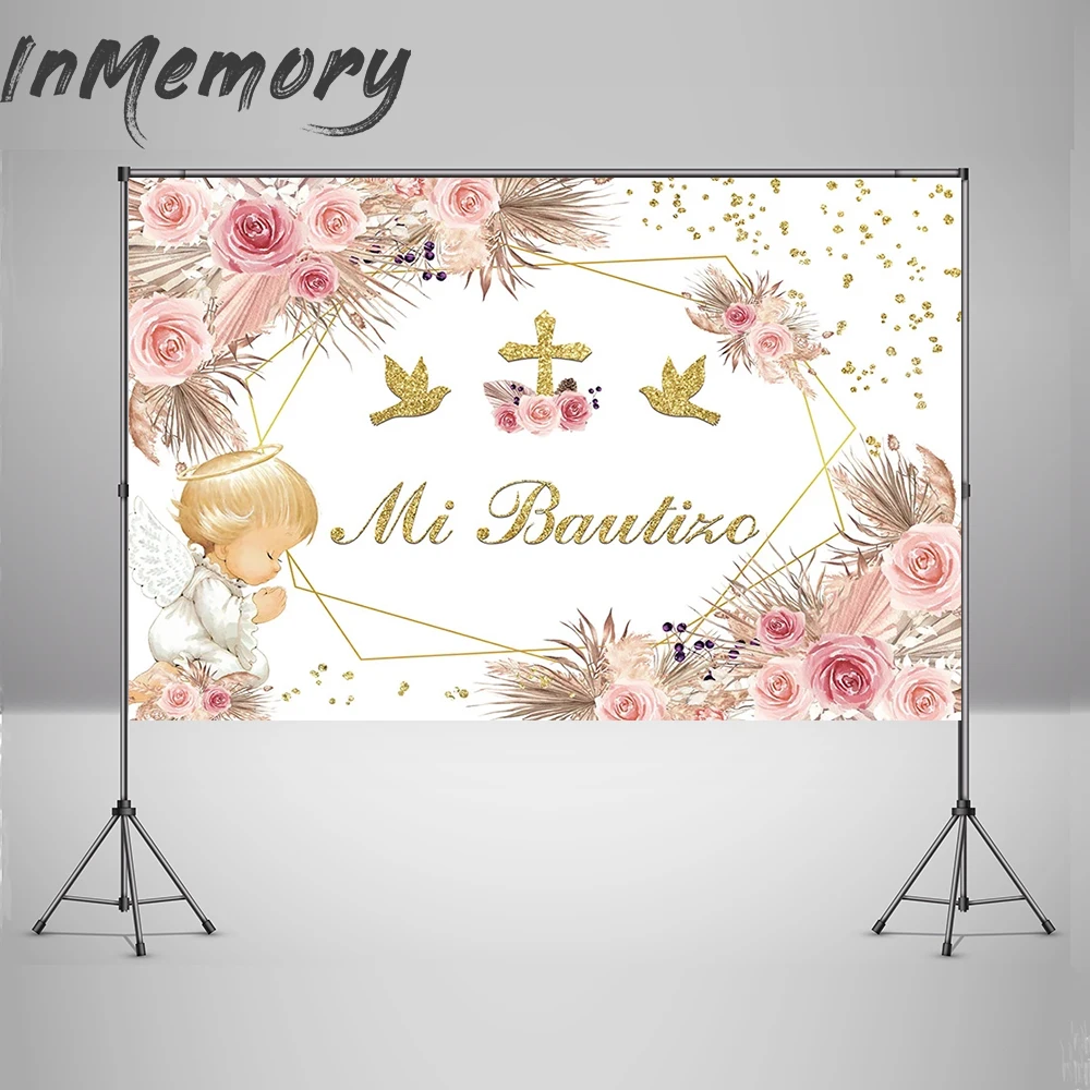 

Photography Backdrops Pink Gold Cross Boho Floral Mi Bautizo Banner Pigeon Gir Baptism Party Decorations Background Photobooth