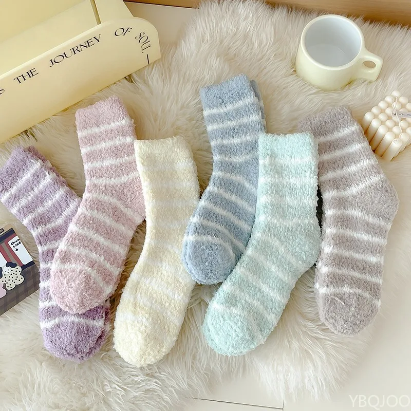 

6 Pairs Thick womens Thermal Socks Winter Warm Striped Coral Fleece Fluffy Solid Color Sleep Bed Socks Hot Sell