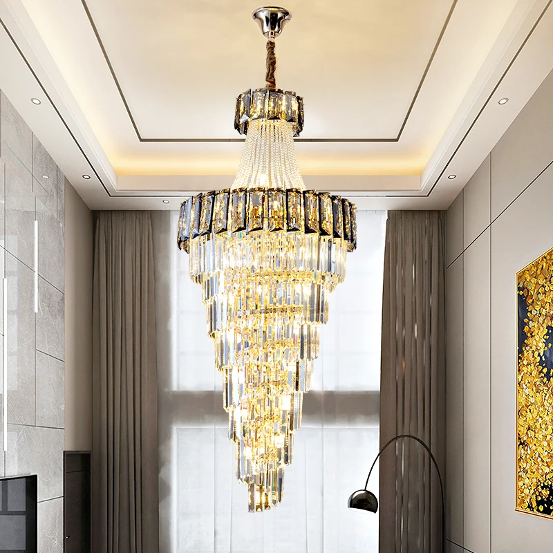 Luxury Personality Crystal Long Chandeliers Creative Living Room Rotary Staircase Grand Villa Cone Luminaire Hotel Lobby Lamp