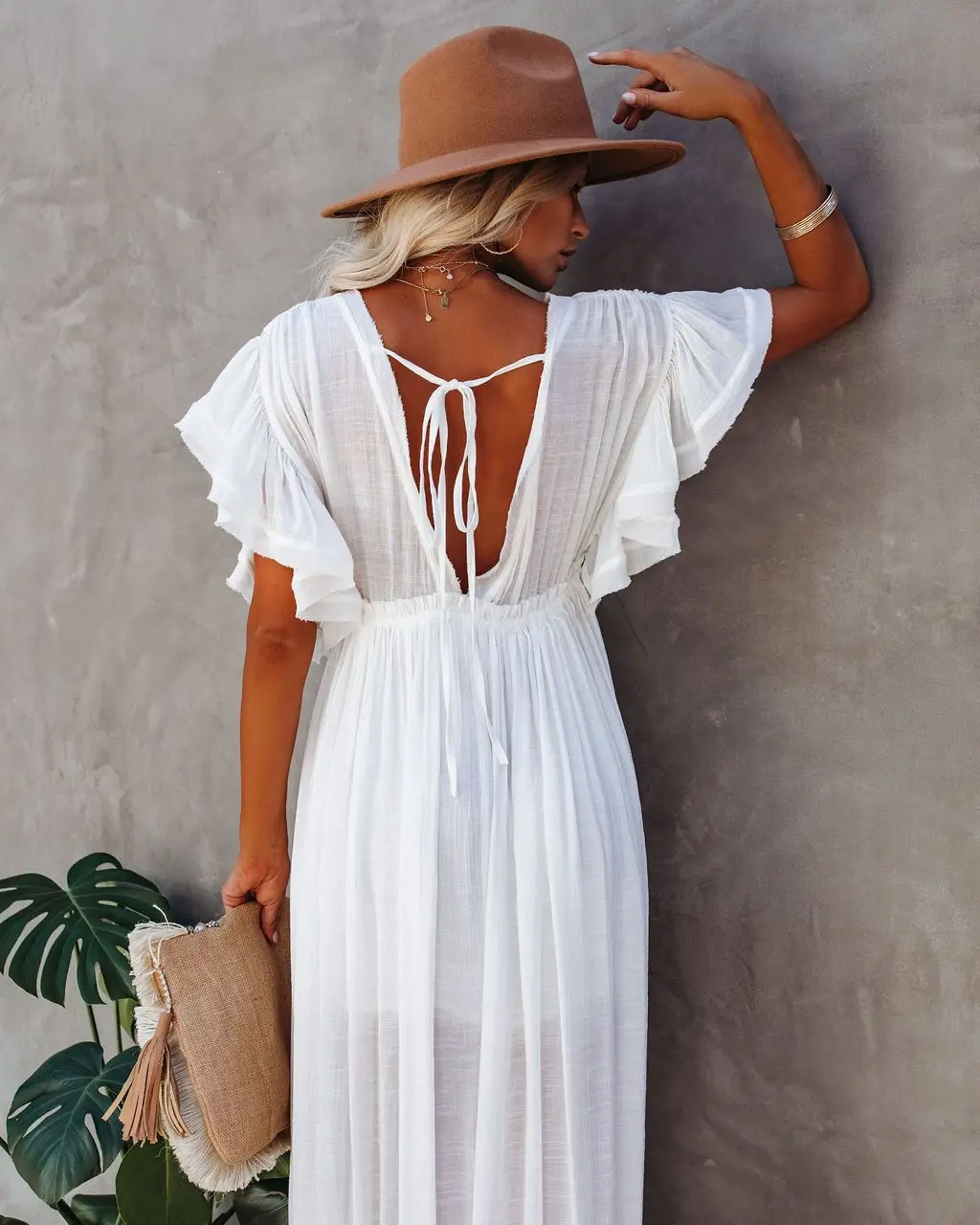 2024 Summer Long Bikini Cover Ups for Women Solid V-Neck Kimono Beach Dresses Lace Up Anti-Sun Swim Dress Bohemian Sarong Skirt