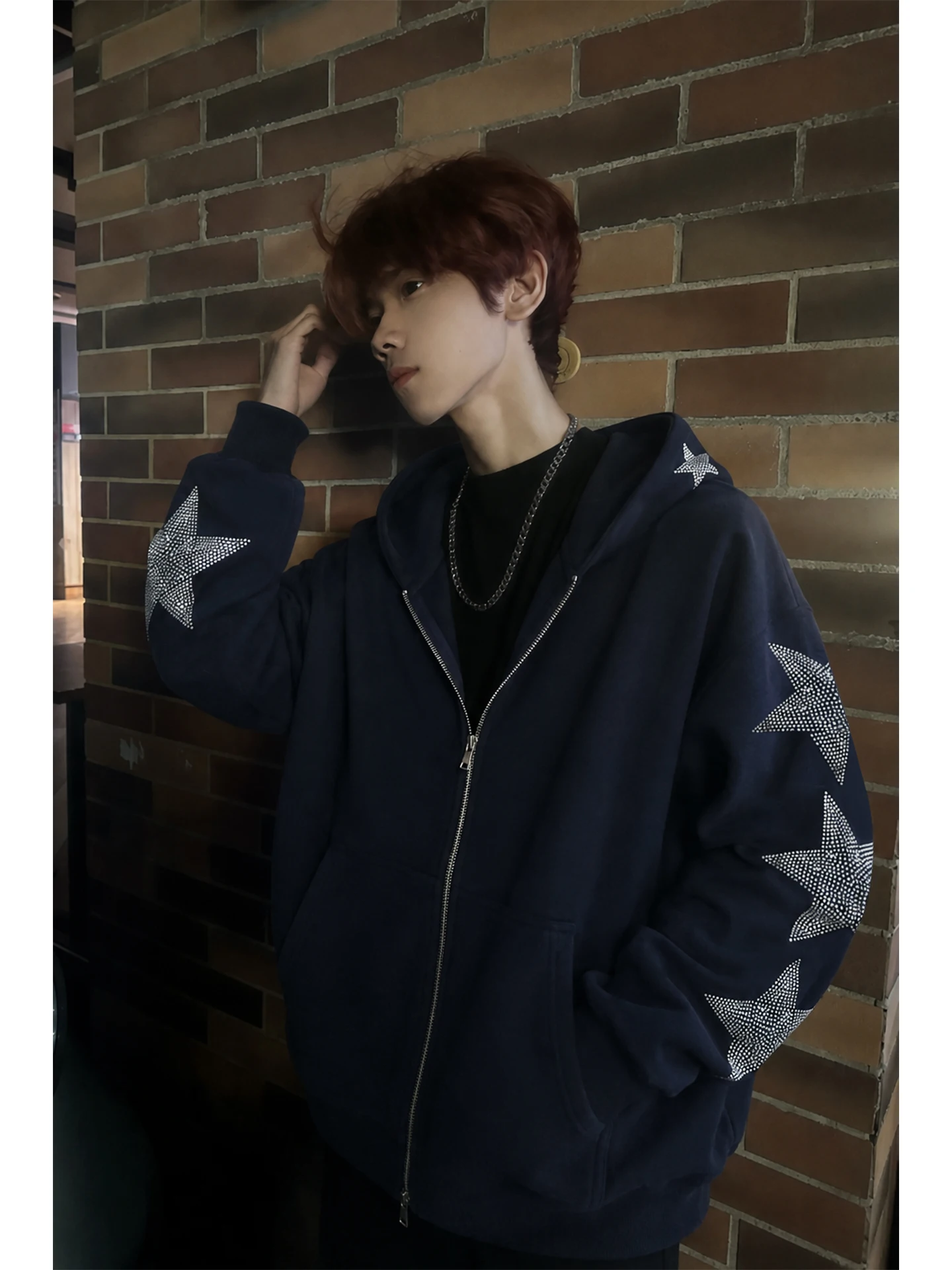 Retro Blue American Style Men's Hoodie Early Autumn Thin Zipper Jacket Star Rhinestone Trendy Brand Loose Fit Casual Wear