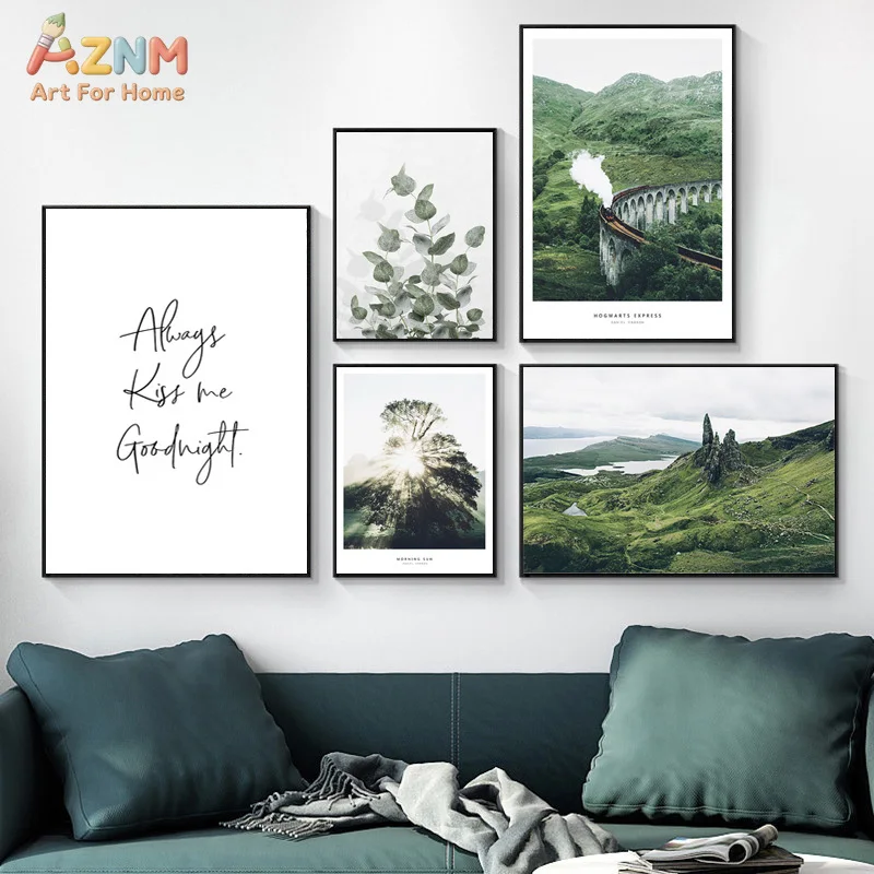 AZNM Scottish Green Mountain Landscape Canvas Print Hogwarts Express Train Eucalyptus Leaf Inspirational Quote Text Wall Poster