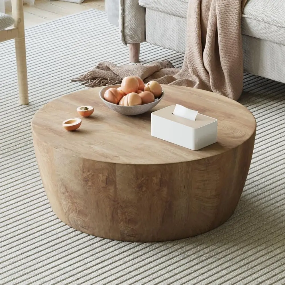 

Round Wooden Drum-Style Cocktail Table for Living Room, Fully Assembled