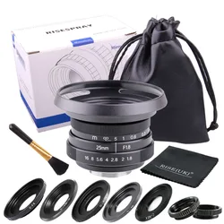 RISESPRAY 25mm f/1.8 APS-C CCTV Lens+5 adapter rings+2 Macro Ring +hood +bag set for NEX FX M4/3 NIKON1 EOSM Mirroless Camera