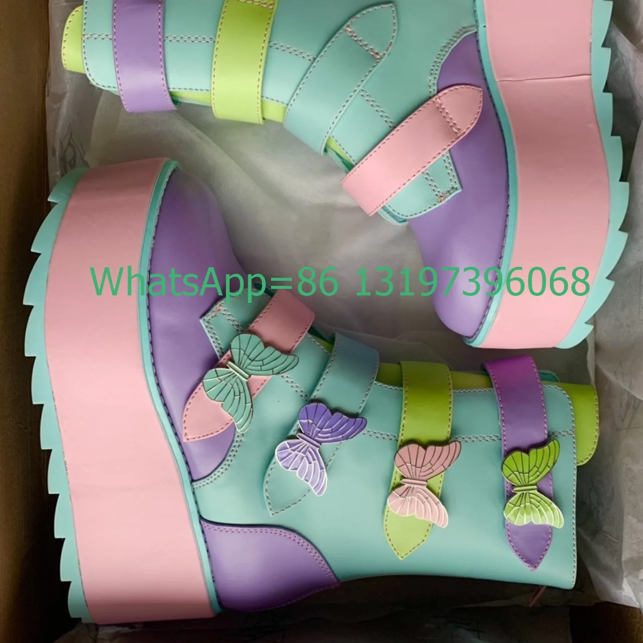 Lady Y2K Rainbow Colorful Platform Butterfly Design Boots Buckle Strap Footwear Colorful Candy Mary Janes Punk Boots Size 35-46