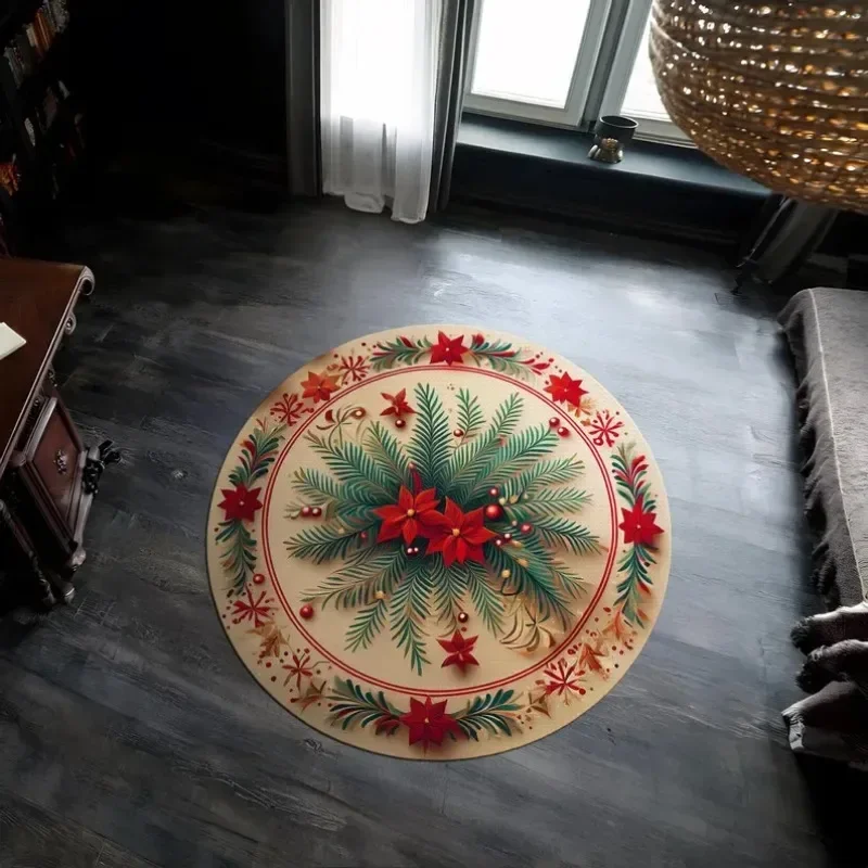 ~O~Floral Round Rug – Merry Christmas & New Year Holiday Decor Gift for Home