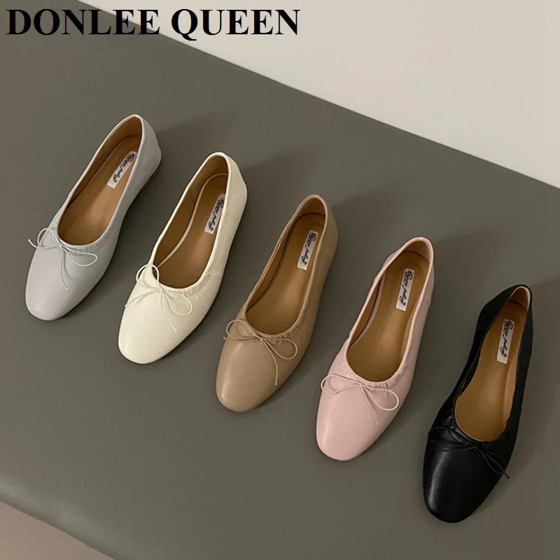 2024 Spring Round Toe Flat Casual Shoes Women Flats Ballet Female Ballerina Soft Moccasins Female Bow Knot Shallow Classic Mujer