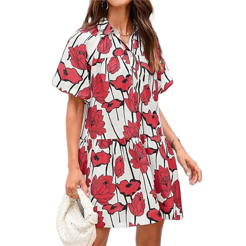ABP-Vestito camicia abbottonato estivo da donna Mini abiti da spiaggia casual a maniche corte con sbuffo floreale e vestibilità ampia