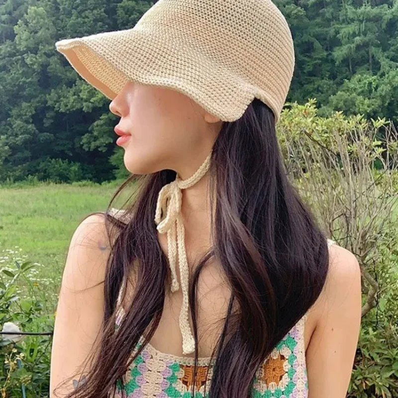 Korean Linen Knitted Straw Knitted Loli Hat Summer Simple Wide Brim Lace Breathable Sunshade Sunscreen Dome Sun Hats for Women