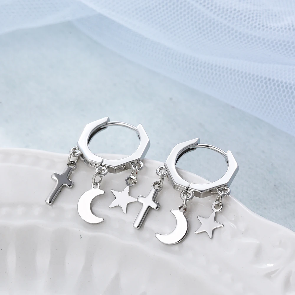 Religious Silver Color Star Moon Cross Charms Huggies Earrings for Women Girls Geometric Polygonal Small Hoop Earrings Punk Gift
