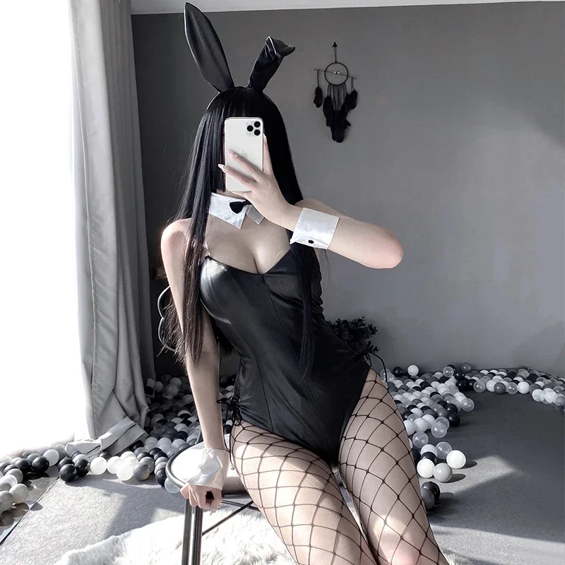 Bunny Cosplay Costume Women Sexy Bodysuit Lingerie Kawaii Bunny Girl PU Faux Leather Rabbit Suit Anime Outfits