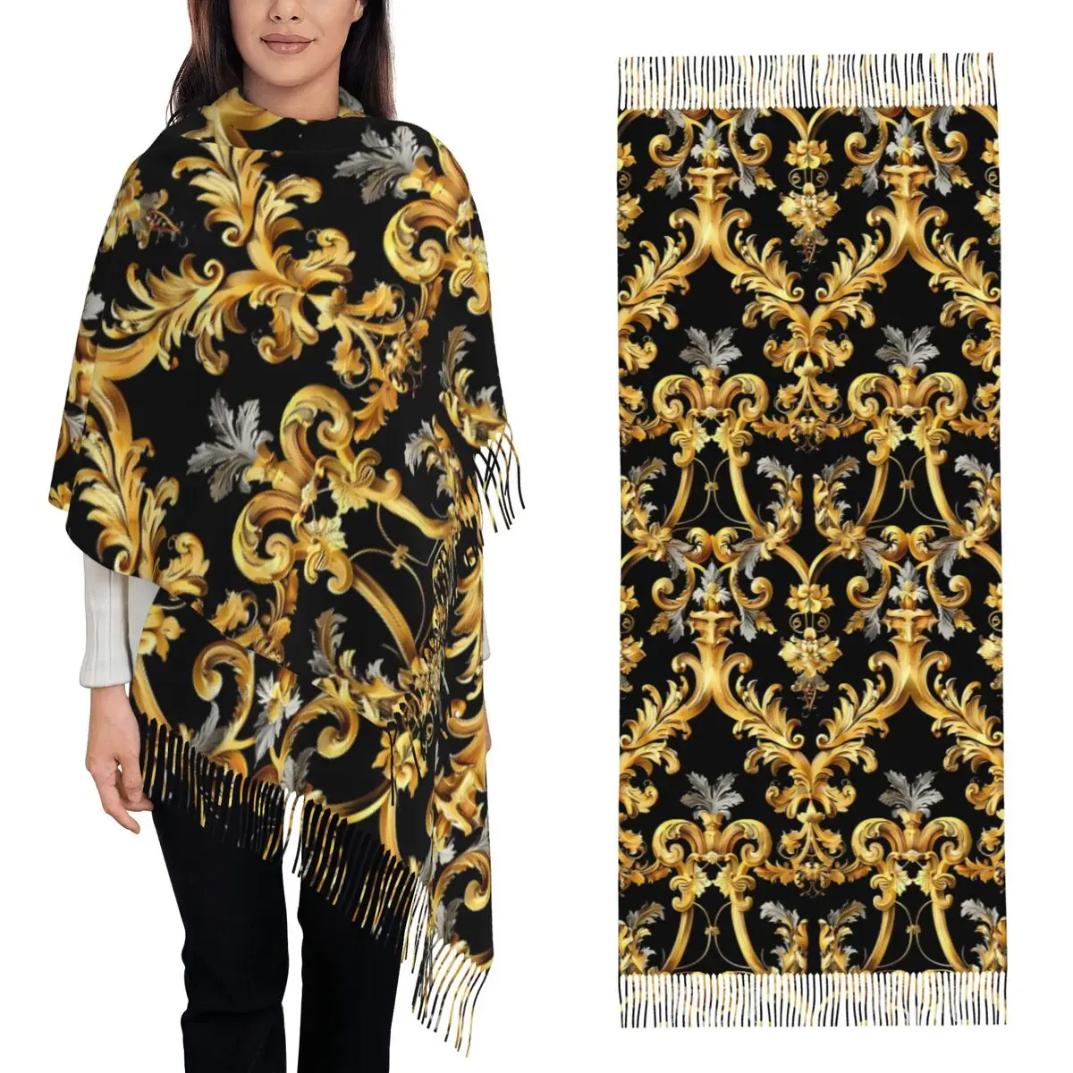 

Золотой элегантный шарф в стиле барокко, шарфы с кисточками, женские мягкие теплые шали и накидки, большая осенне-зимняя шаль