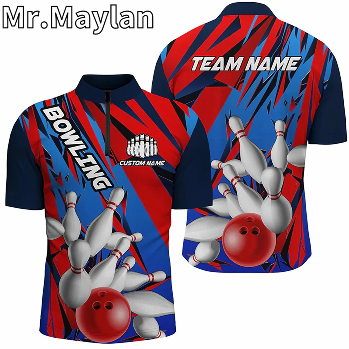 

3D Blue And Red Custom Strike Bowling Team Zip Polo Shirts Patriotic Unisex Bowling Tournament Jerseys Gift for Bowling Lovers