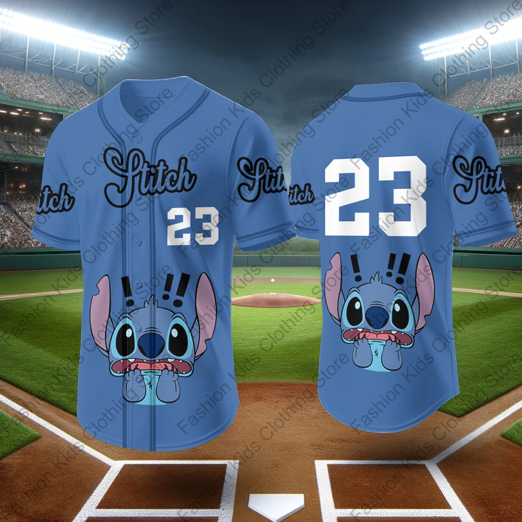 MINISO 2024 New Baseball Jersey Cute Stitch Printed Kids Adults Fashion Cartoon Buttons Baseball Uniform Kids Tops Clothing