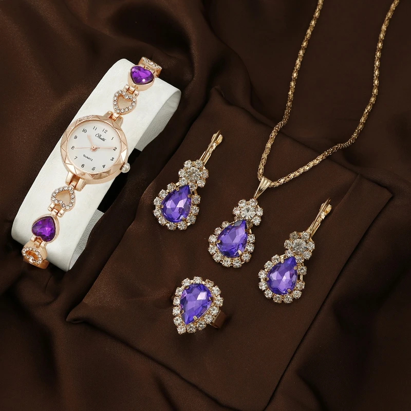 5 шт. комплект, роскошные часы для женщин, кольцо, ожерелье, серьги, розовые, фиолетовые, со стразами, модные наручные часы, повседневные женские часы-браслет 5 шт. комплект, роскошные часы для женщин, кольцо, ожерелье, серьги, розовые, фиолетовые, со стразами, модные наручные часы, повседневные женские часы-браслет