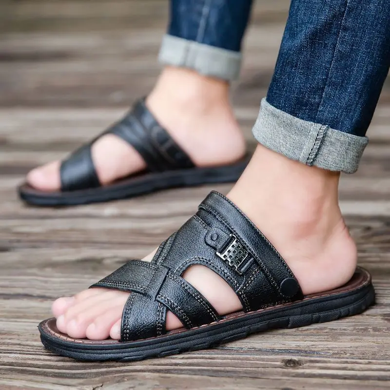 

Men Leather Sandals Genuine Leather Non-slip Men Shoes Slippers Outdoor Thick-soled Beach Shoes 2026 Soft Men sandalias