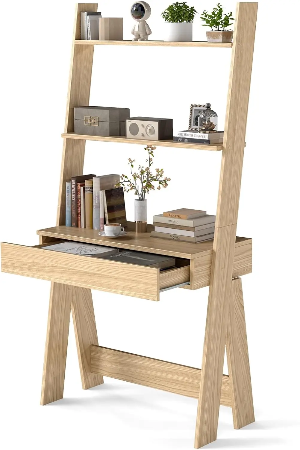 

Ladder Desk with Countertop & Drawer, Home Office Computer Laptop Table with Open Shelves & Anti-Tip Kits, Wall-Leaning