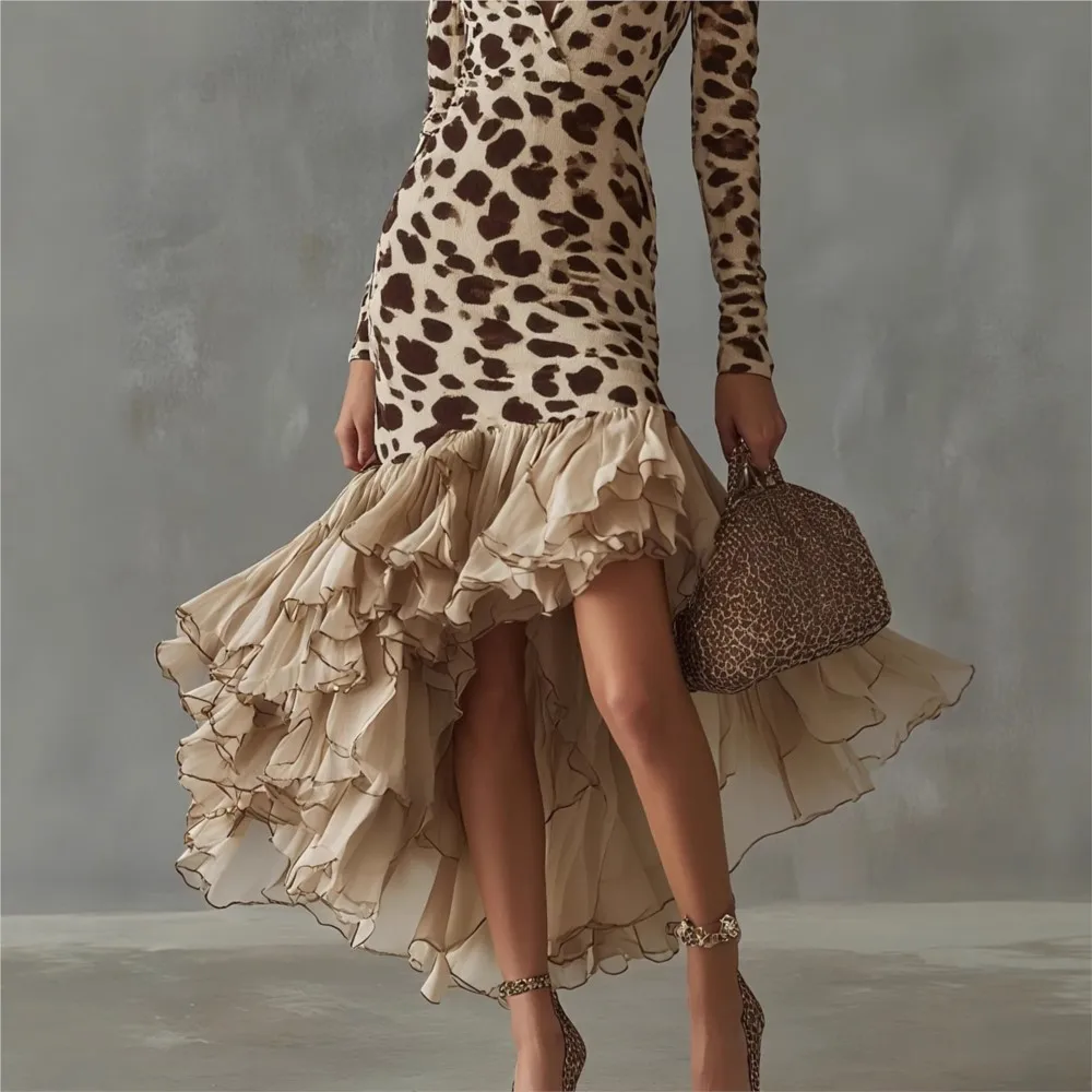 2026年セクシーな深いVネック、レオパード柄、スリムフィット、長袖、レディースドレス、秋ファッション、メッシュスプライシングヘム、女性用パーティードレス