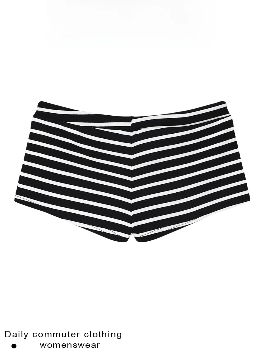 Low Waist Striped American Style Sporty Casual Shorts Women's Summer Drawstring Slim Fit Pants Retro Commute Style Shorts