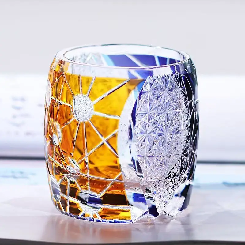 

Japan Kagami Planet Edo Kiriko Wine Glass Starlight Whiskey Glasses Color Block Hand Carving Art Craft Whisky Tumbler Gift Box
