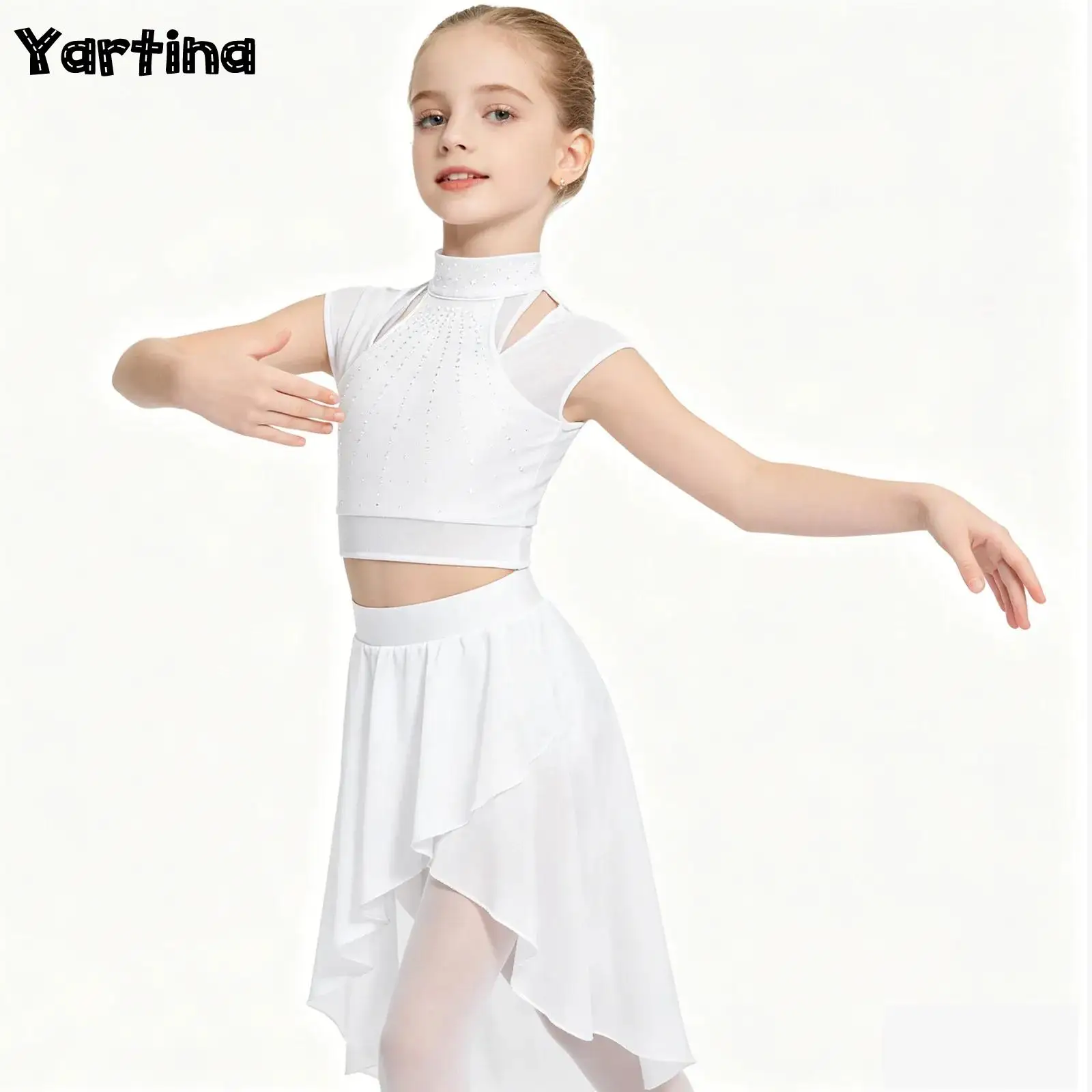 

Kids Girls Shiny Rhinestones Gymnastics Figure Skating Ballet Lyrical Dance Costume Crop Top with High-Low Hem Chiffon Skirt
