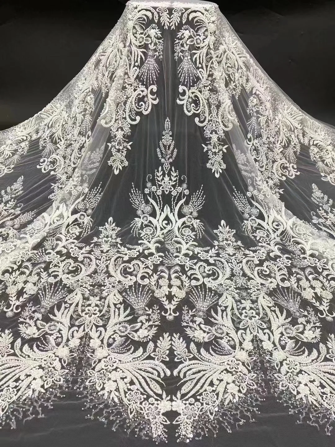 beauty wedding dress beading fashion dress lace fabric with pearls width bridal lace fabric sell by 5yard