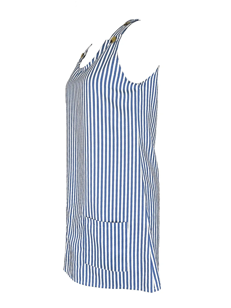 Neues Damen-Sommerkleid, gestreift, ärmellos, Mini-Länge, lässig, locker geschnitten, Tanktop-Design, mit Taschen, Rundhalsausschnitt, Knopfleiste, ideal für Strand, Urlaub und Partys. – Detail 3
