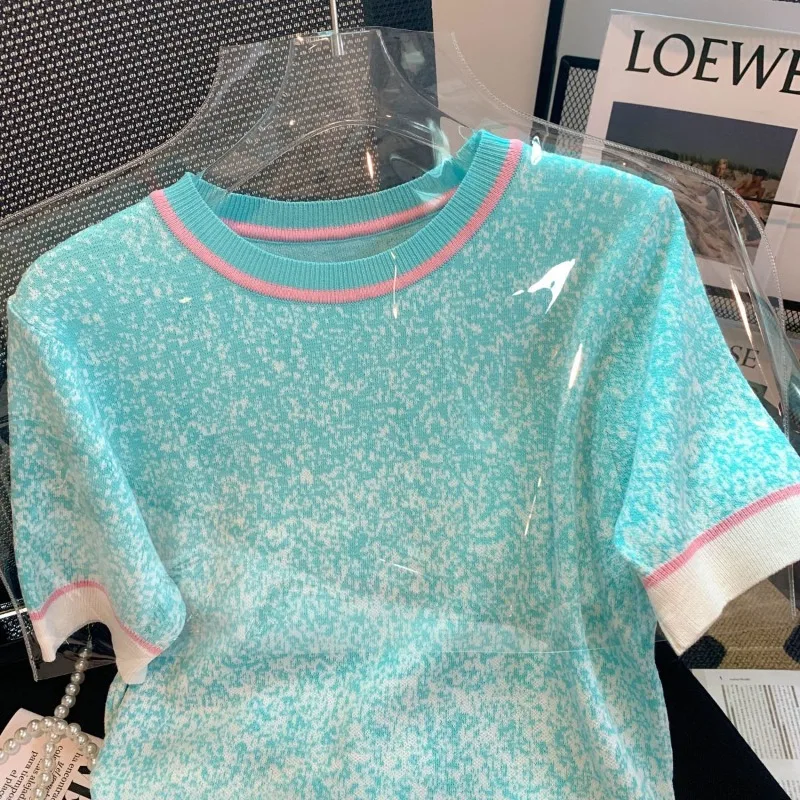 Donna estate versione coreana nicchia colorato cambiamento graduale girocollo allentato a maniche corte t-shirt maglione lavorato a maglia di seta