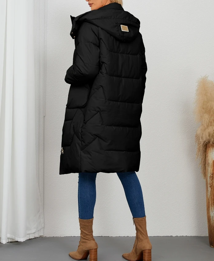 Winterjassen Vrouw 2024 Lange Mouwen Warme Muts, Effen Kleur Katoenen Jas Dames Winter Donsjack Donzen Jassen